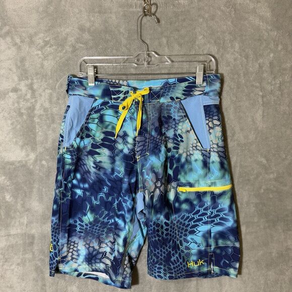 Huk Fishing Kryptek Pontus Swim Trunks Small Blue Board Shorts Camo Adjustable